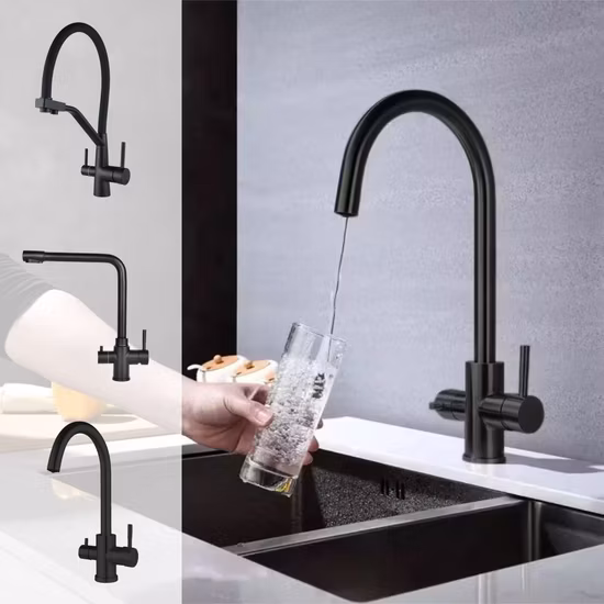 Sanipro, venta al por mayor, rociador de rotación 360, filtro de agua fría y caliente, grifo mezclador de acero inoxidable extraíble, fregadero negro, grifos de cocina